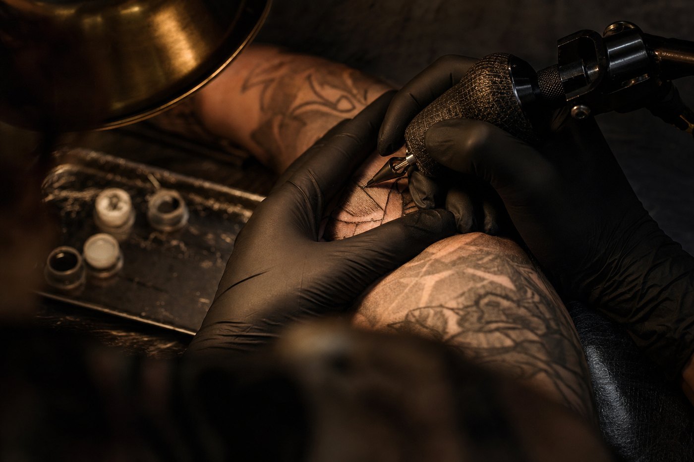 A black-and-grey line being laid at Lion Ink Tattoo Singapore