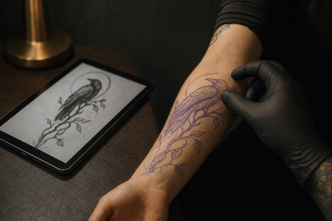 A tattoo design drawn directly onto a client’s forearm during consultation at Lion Ink