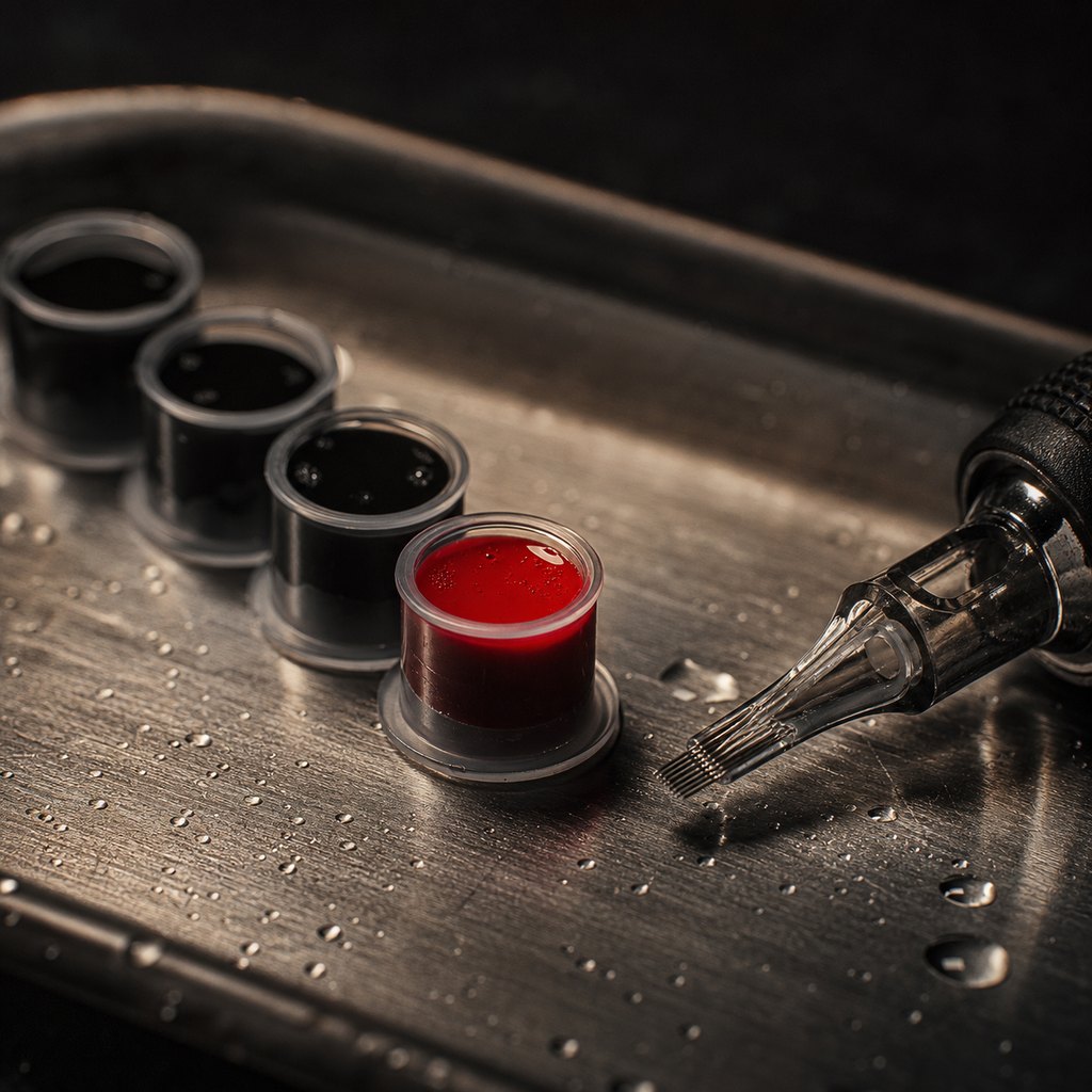 Sterile single-use cartridges and fresh ink caps laid out before a session at Lion Ink