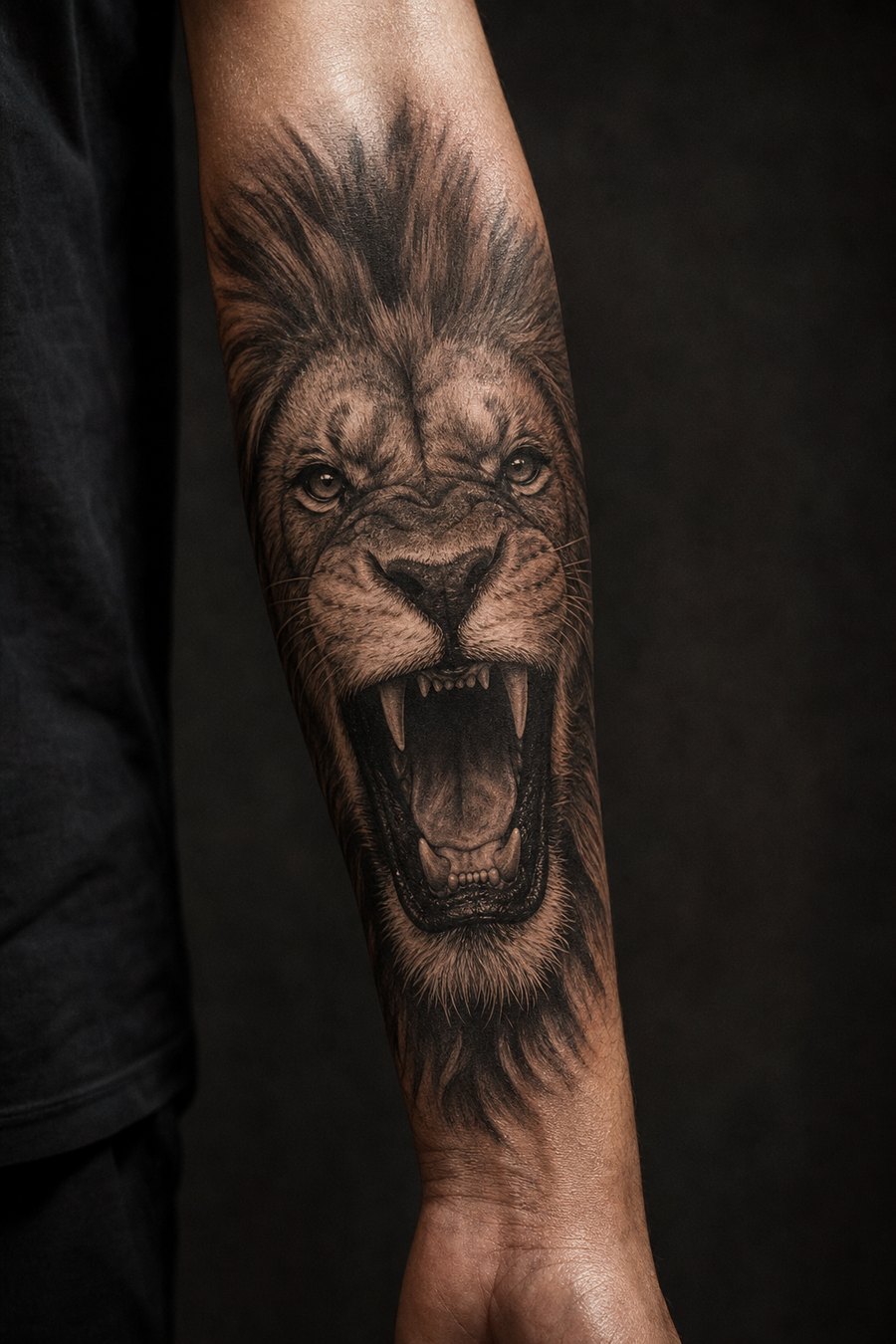 Lion, Black & grey realism · forearm