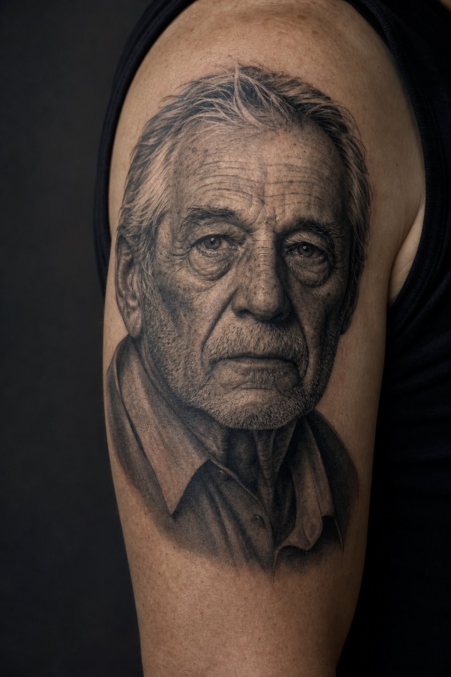 Portrait study, Black & grey realism · upper arm