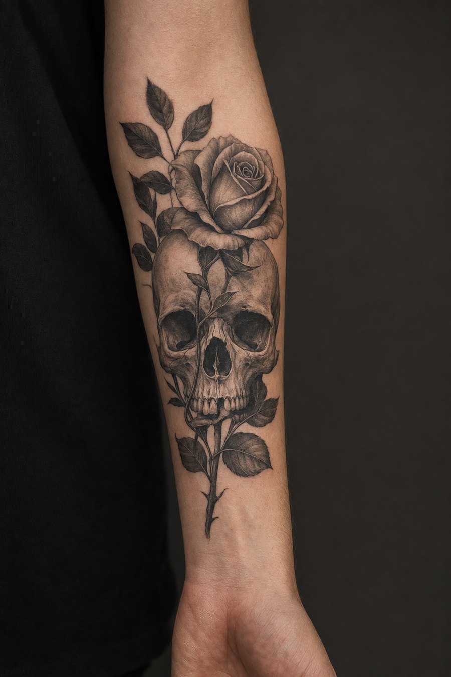 Rose and skull, Black & grey realism · inner forearm