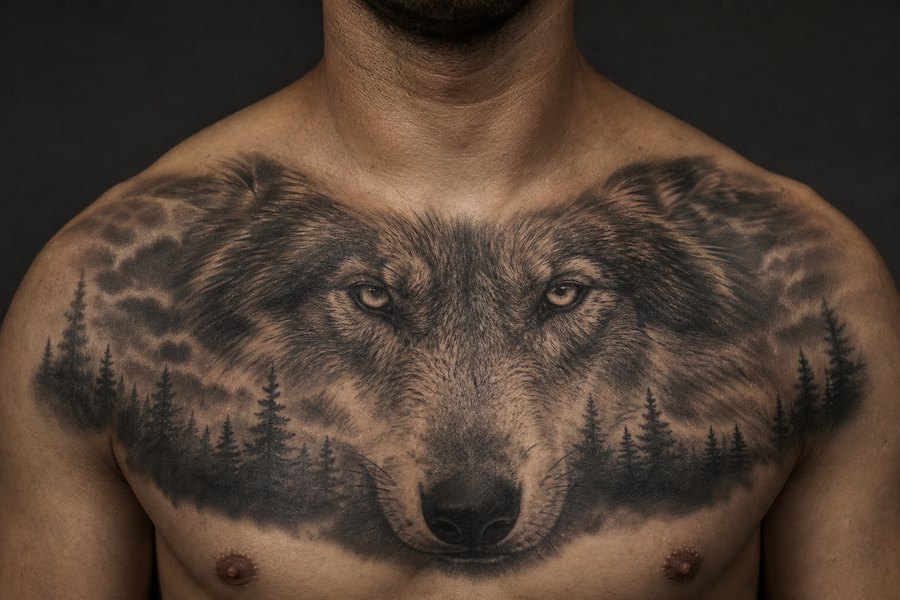 Wolf, Black & grey realism · chest